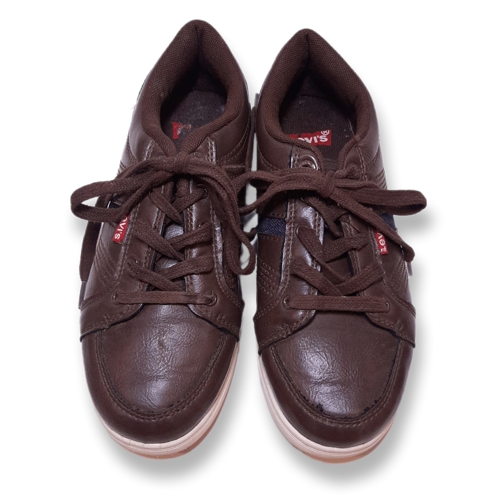 Levis Boys Stallion Burnish Sneakers Brown Faux Leather Lace Up Shoes Size 2.5
